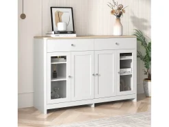 Aparador bajo con 4 puertas y 3 cajones - madera MDF y cristal - para cocina o salón - color blanco y roble
