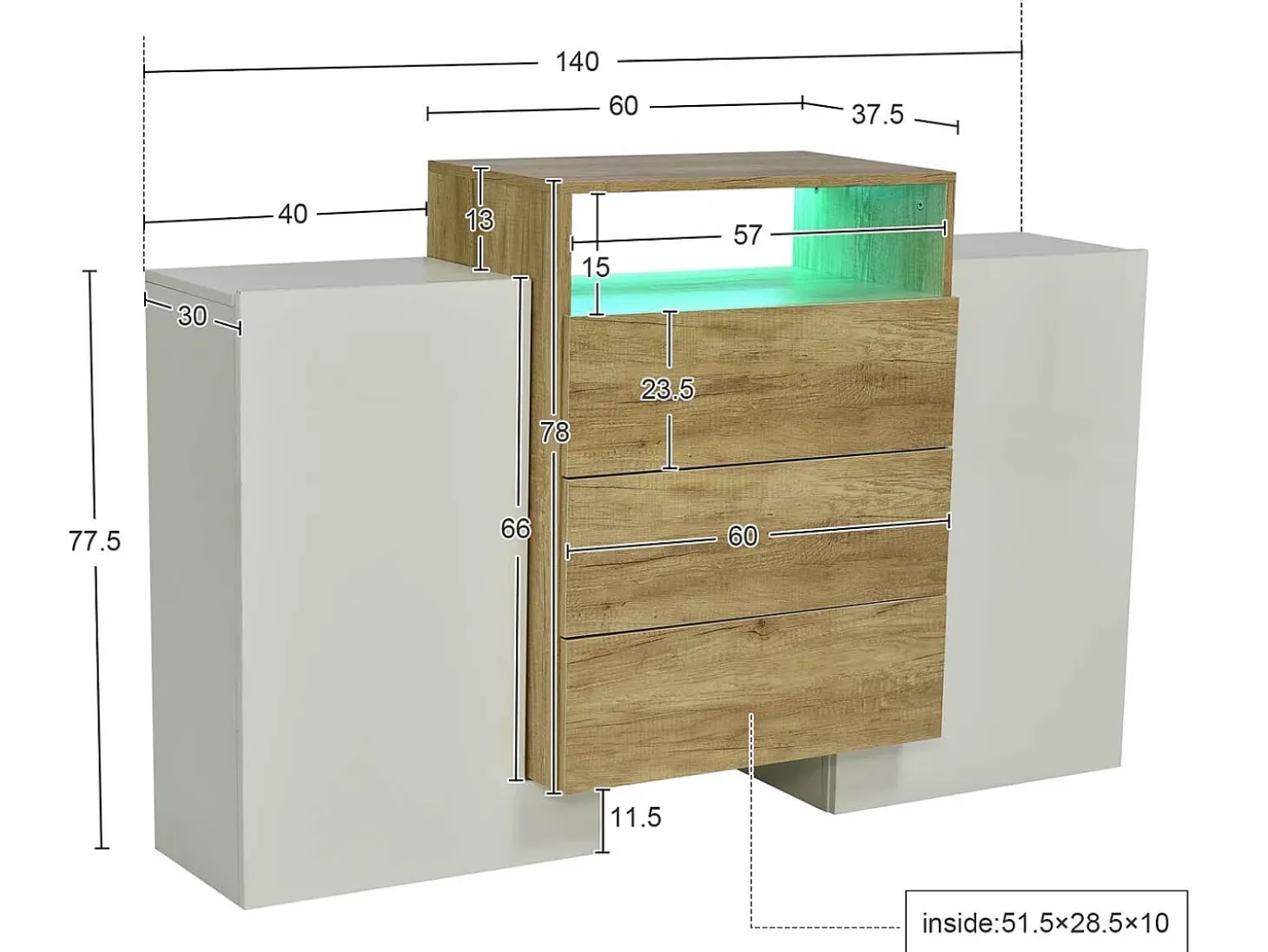 Aparador bajo con LED - 2 puertas 3 cajones - natural y blanco