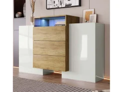 Aparador bajo con LED - 2 puertas 3 cajones - natural y blanco