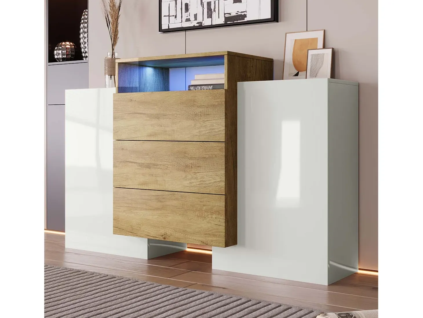 Aparador bajo con LED - 2 puertas 3 cajones - natural y blanco