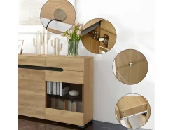 Aparador bajo con LED - 3 puertas y 3 cajones - Natural