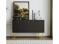 Aparador bajo de 3 puertas con estantes regulables - 138x40x80,5cm - Madera MDF y metal dorado - Negro