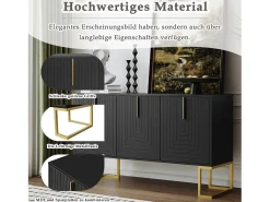 Aparador bajo de 3 puertas con estantes regulables - 138x40x80,5cm - Madera MDF y metal dorado - Negro