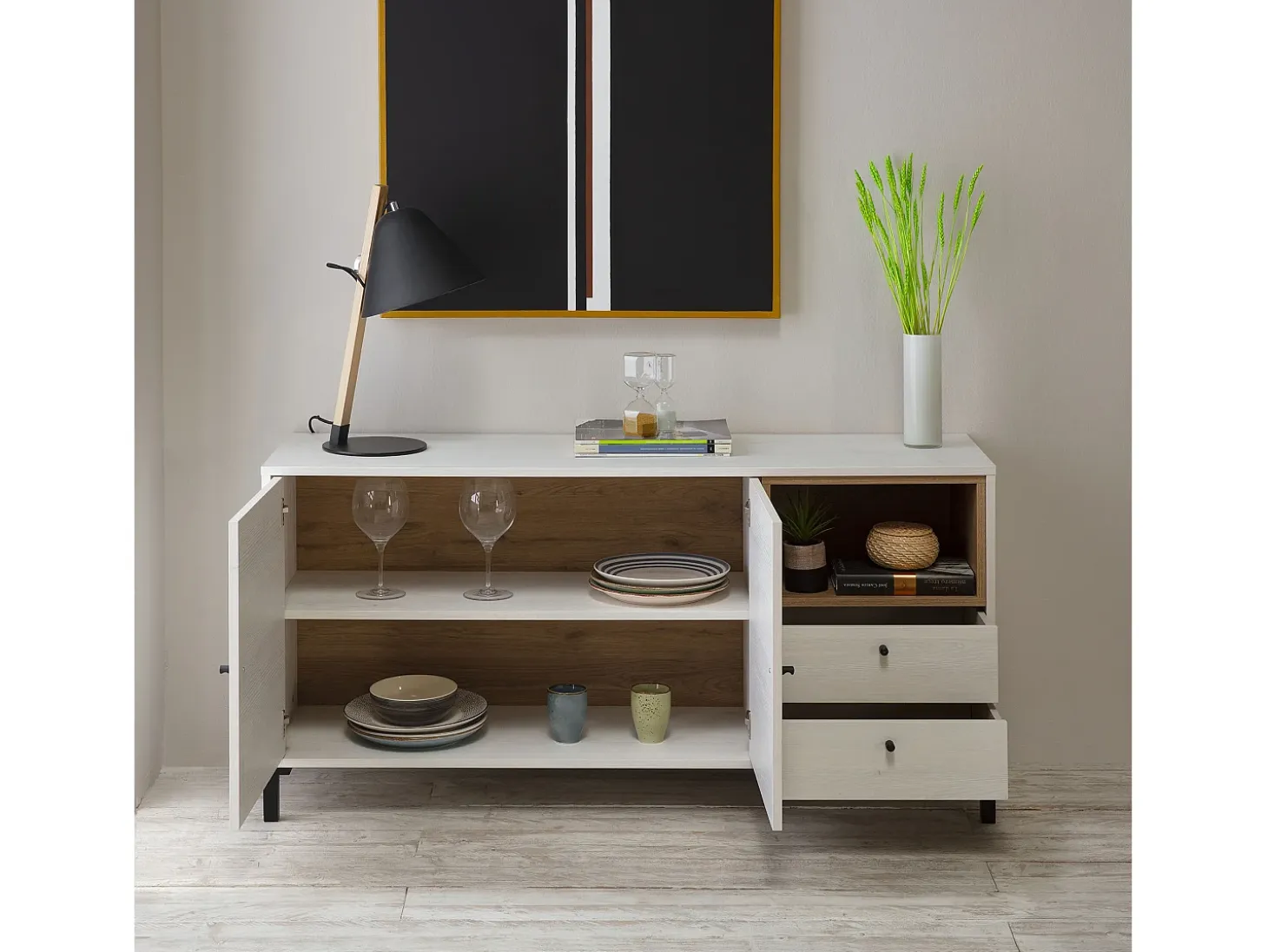 Aparador BAJO Javea 2 cajones, 2 Puertas y 1 Hueco, Color Blanco y Madera, 136,5 cm Longitud