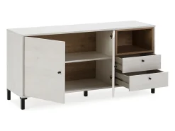 Aparador BAJO Javea 2 cajones, 2 Puertas y 1 Hueco, Color Blanco y Madera, 136,5 cm Longitud