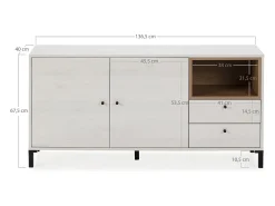 Aparador BAJO Javea 2 cajones, 2 Puertas y 1 Hueco, Color Blanco y Madera, 136,5 cm Longitud