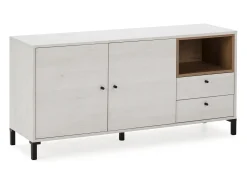 Aparador BAJO Javea 2 cajones, 2 Puertas y 1 Hueco, Color Blanco y Madera, 136,5 cm Longitud