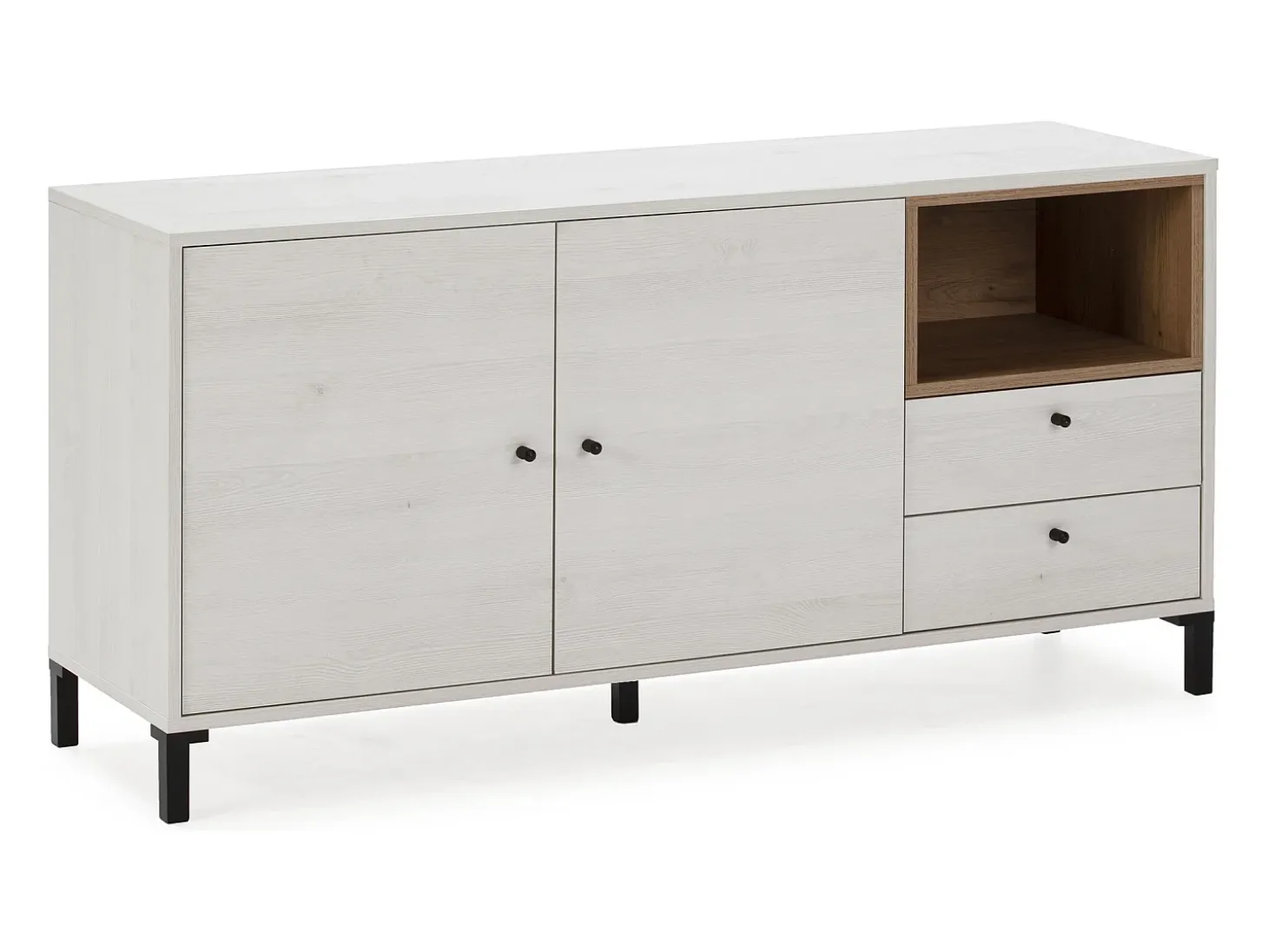 Aparador BAJO Javea 2 cajones, 2 Puertas y 1 Hueco, Color Blanco y Madera, 136,5 cm Longitud