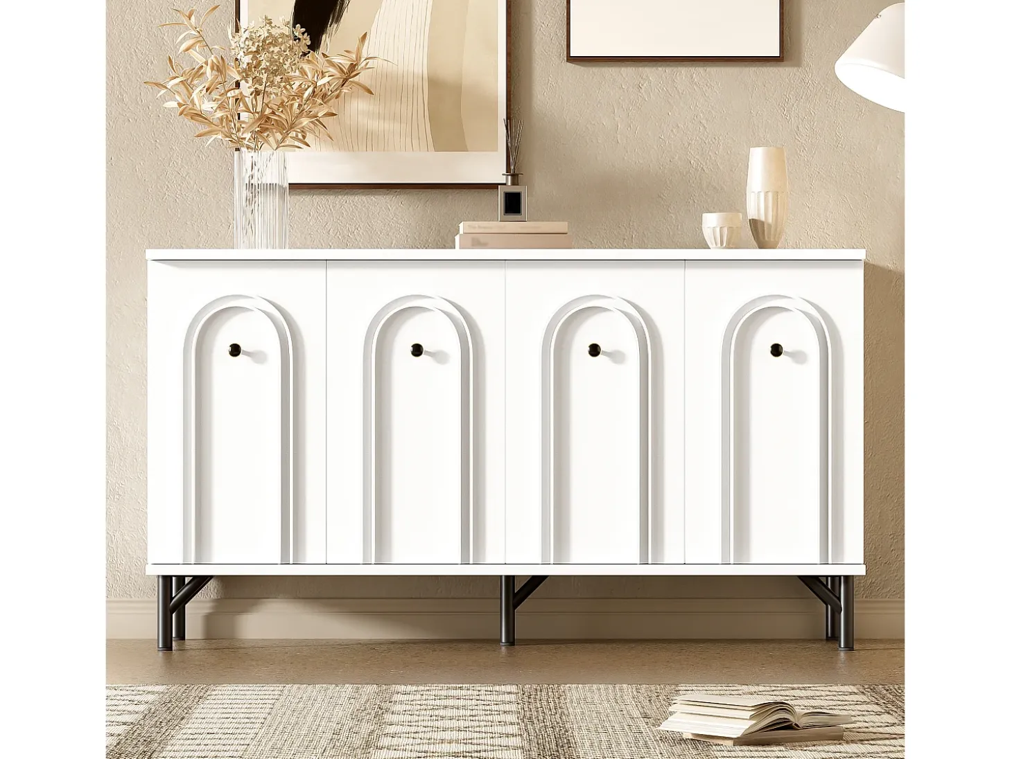 Aparador bajo moderno - 140 x 34 x 78 cm - con 4 puertas + estantes regulables - aglomerado - blanco