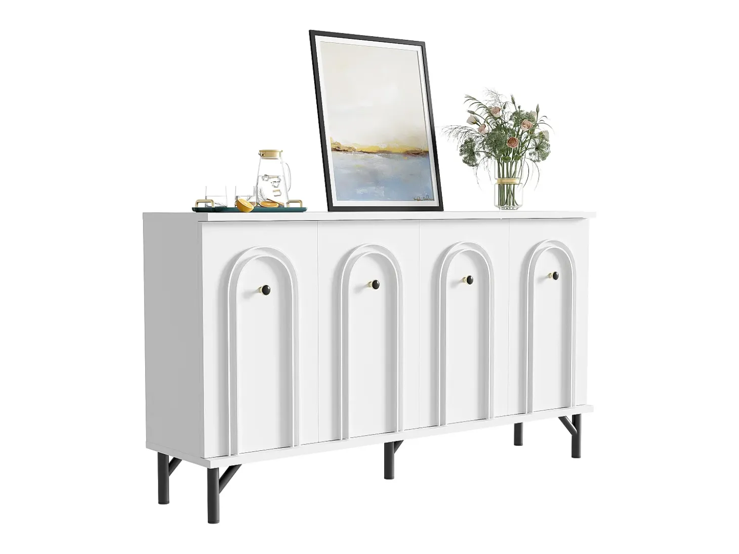 Aparador bajo moderno - 140 x 34 x 78 cm - con 4 puertas + estantes regulables - aglomerado - blanco