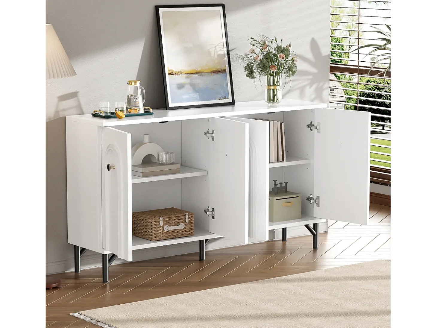 Aparador bajo moderno - 140 x 34 x 78 cm - con 4 puertas + estantes regulables - aglomerado - blanco