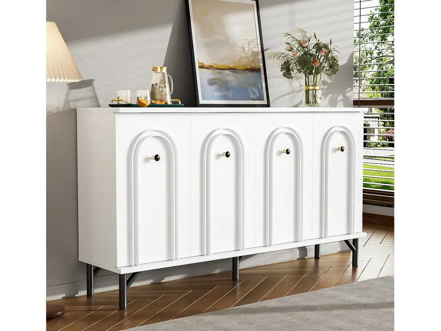 Aparador bajo moderno - 140 x 34 x 78 cm - con 4 puertas + estantes regulables - aglomerado - blanco