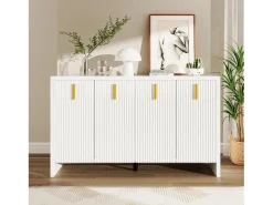Aparador bajo moderno con 4 puertas - Tiradores dorados - Diseño de rayas verticales - Tablero de partículas - Blanco