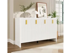 Aparador bajo moderno con 4 puertas - Tiradores dorados - Diseño de rayas verticales - Tablero de partículas - Blanco