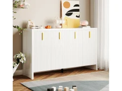 Aparador bajo moderno con 4 puertas - Tiradores dorados - Diseño de rayas verticales - Tablero de partículas - Blanco