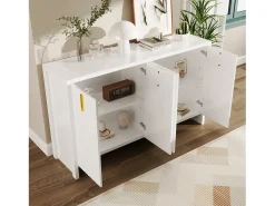 Aparador bajo moderno con 4 puertas - Tiradores dorados - Diseño de rayas verticales - Tablero de partículas - Blanco