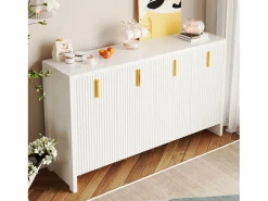 Aparador bajo moderno con 4 puertas - Tiradores dorados - Diseño de rayas verticales - Tablero de partículas - Blanco