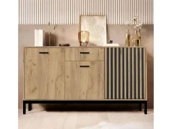 Aparador bajo negro y madera 154 cm con listones Lazare