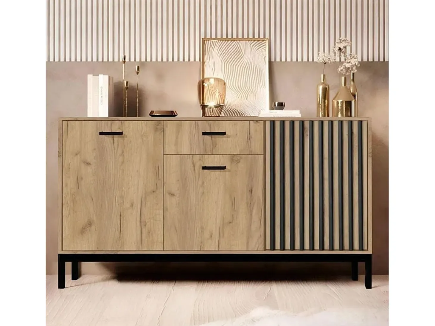 Aparador bajo negro y madera 154 cm con listones Lazare