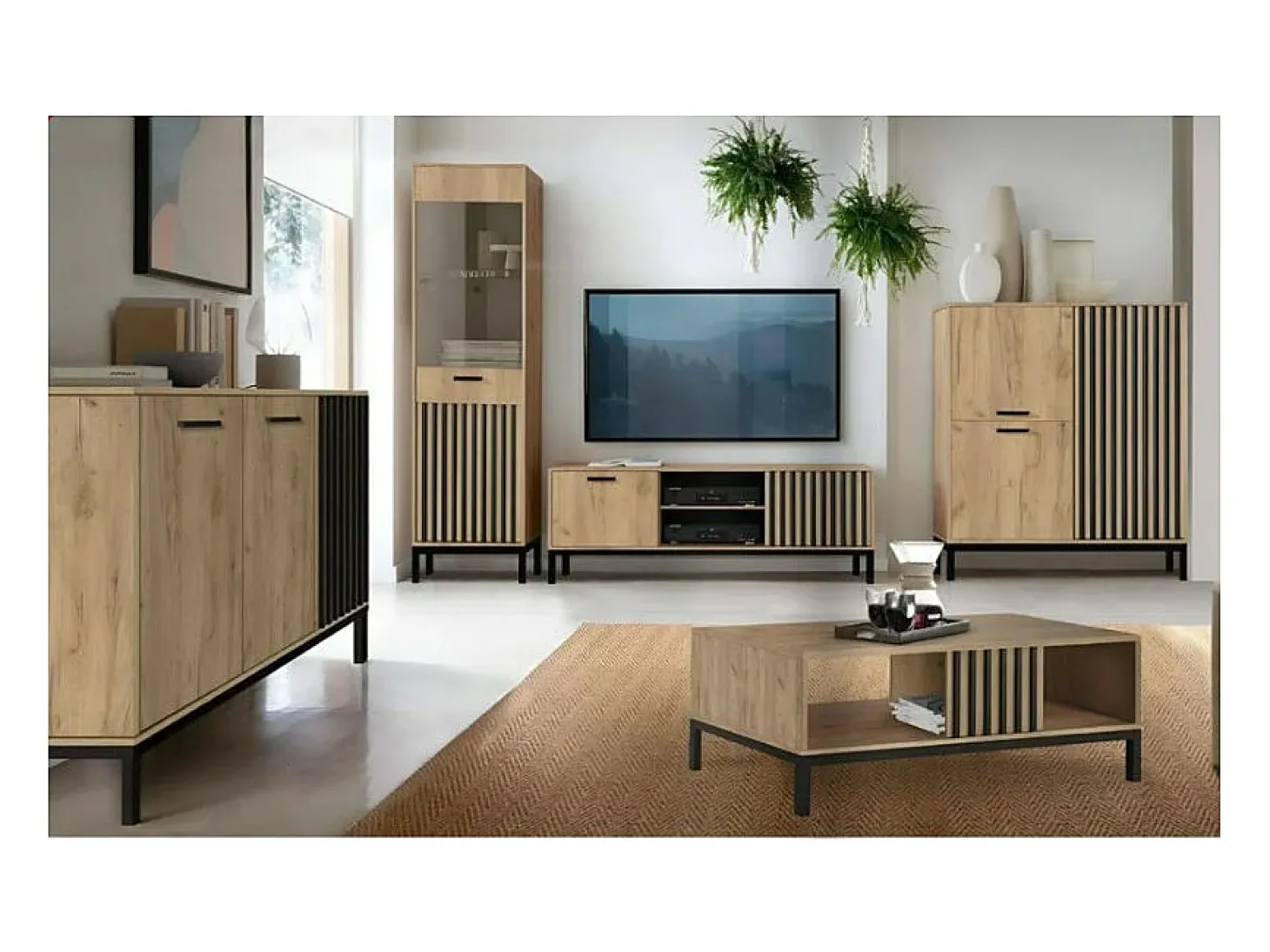 Aparador bajo negro y madera 154 cm con listones Lazare