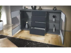 Aparador Bari V1 – Mueble con 2 Puertas Grandes y 4 Cajones, antracita mate/negro de alto brillo (138,5 x 75,5 x 35)