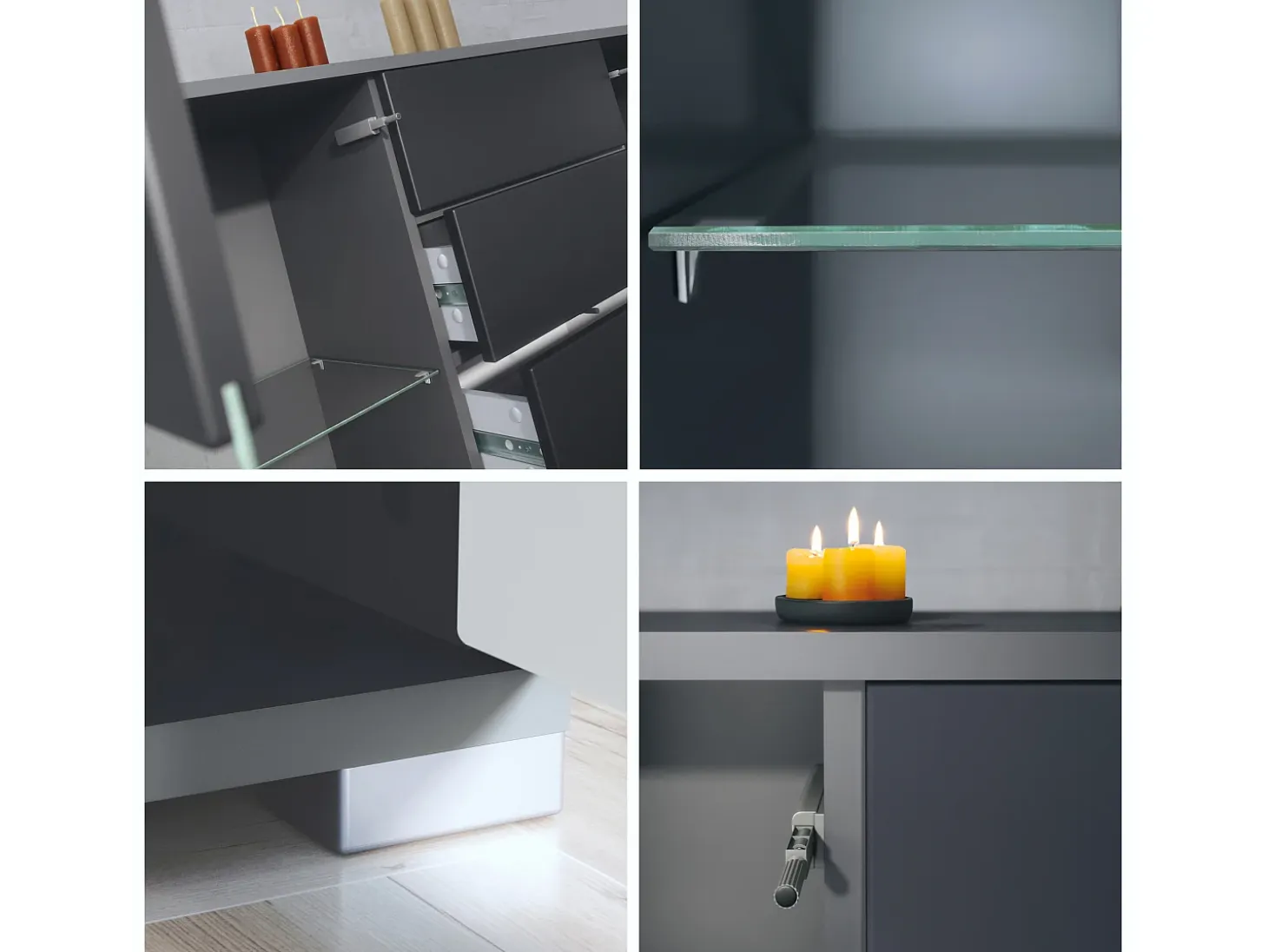 Aparador Bari V1 – Mueble con 2 Puertas Grandes y 4 Cajones, antracita mate/negro de alto brillo (138,5 x 75,5 x 35)