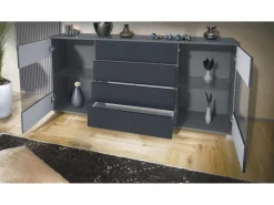 Aparador Bari V2 – Mueble con 2 Puertas Grandes y 4 Cajones, antracita mate/gris arena de alto brillo (166,5 x 75,5 x 35)