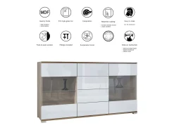 Aparador Bari V1 – Mueble con 2 Puertas Grandes y 4 Cajones, Roble Evoke/blanco de alto brillo (138,5 x 75,5 x 35)