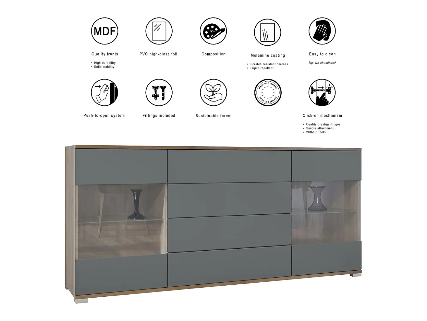 Aparador Bari V2 – Mueble con 2 Puertas Grandes y 4 Cajones, Roble Evoke/negro de alto brillo (166,5 x 75,5 x 35)