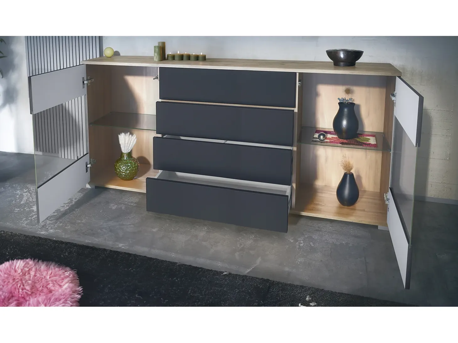 Aparador Bari V2 – Mueble con 2 Puertas Grandes y 4 Cajones, Roble Evoke/negro de alto brillo (166,5 x 75,5 x 35)