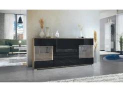 Aparador Bari V2 – Mueble con 2 Puertas Grandes y 4 Cajones, Roble Evoke/negro de alto brillo (166,5 x 75,5 x 35)