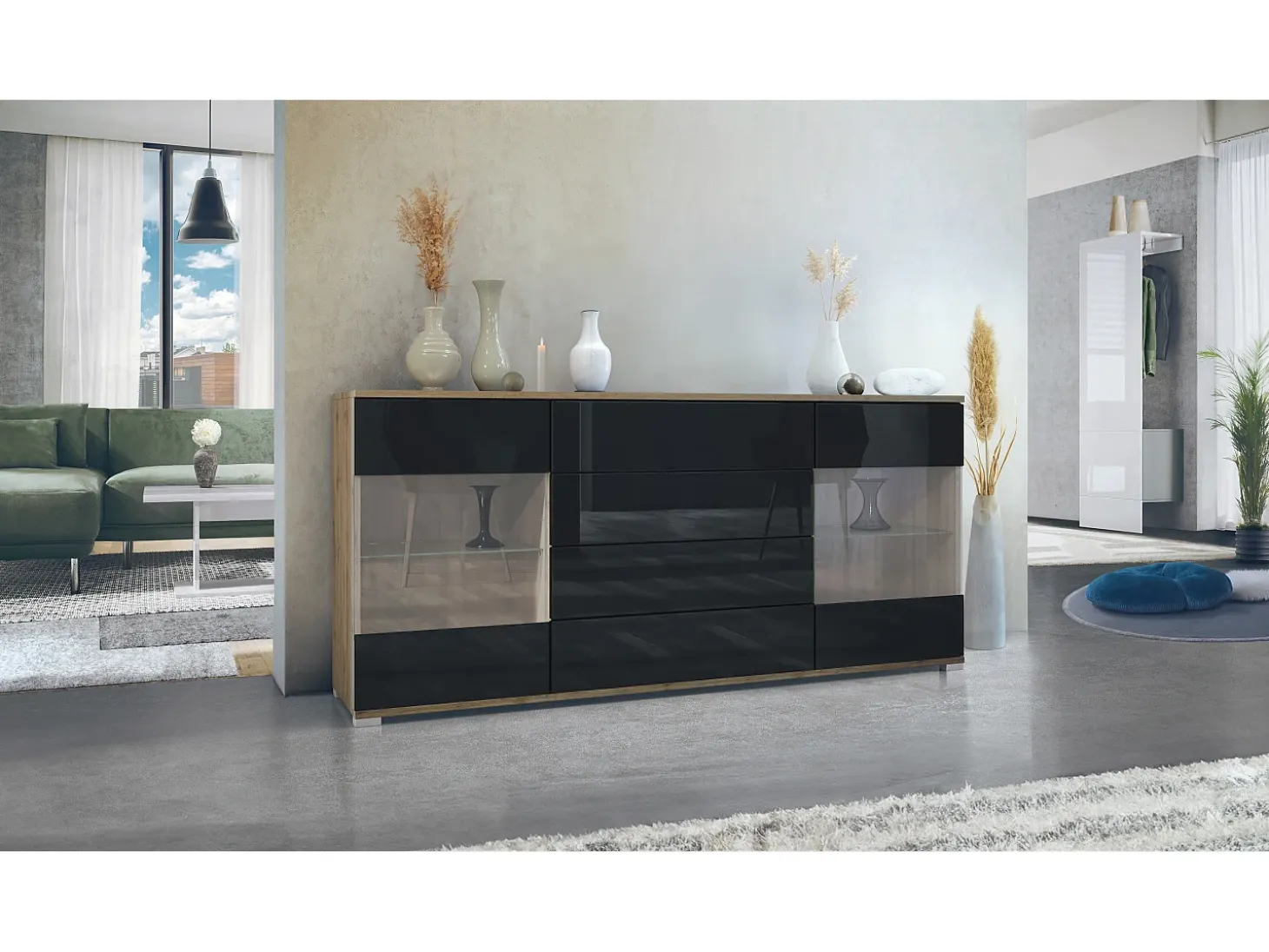 Aparador Bari V2 – Mueble con 2 Puertas Grandes y 4 Cajones, Roble Evoke/negro de alto brillo (166,5 x 75,5 x 35)