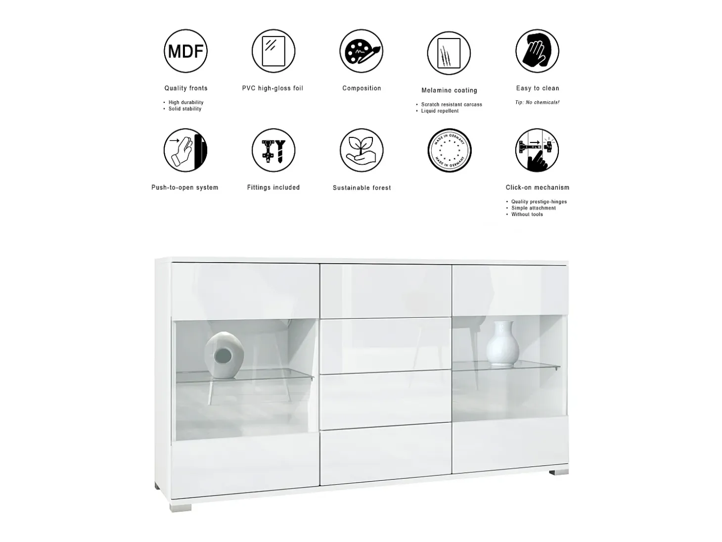 Aparador Bari V1 – Mueble con 2 Puertas Grandes y 4 Cajones, blanco mate/negro de alto brillo (138,5 x 75,5 x 35)