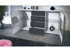 Aparador Bari V1 – Mueble con 2 Puertas Grandes y 4 Cajones, blanco mate/negro de alto brillo (138,5 x 75,5 x 35)