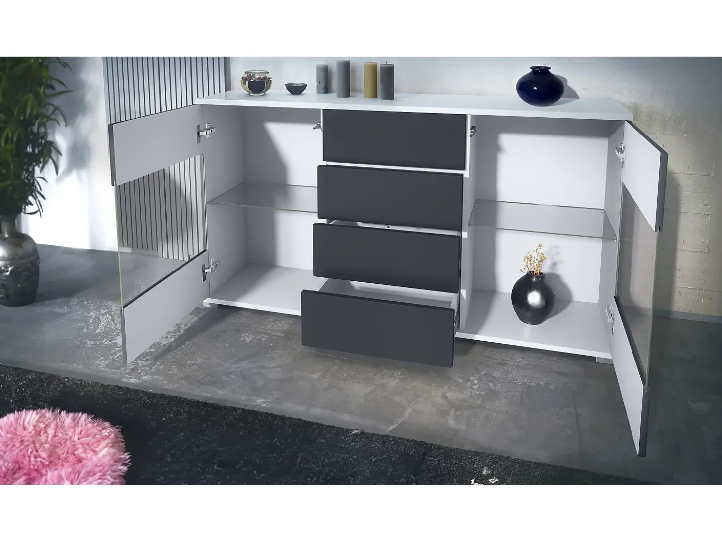 Aparador Bari V1 – Mueble con 2 Puertas Grandes y 4 Cajones, blanco mate/negro de alto brillo (138,5 x 75,5 x 35)