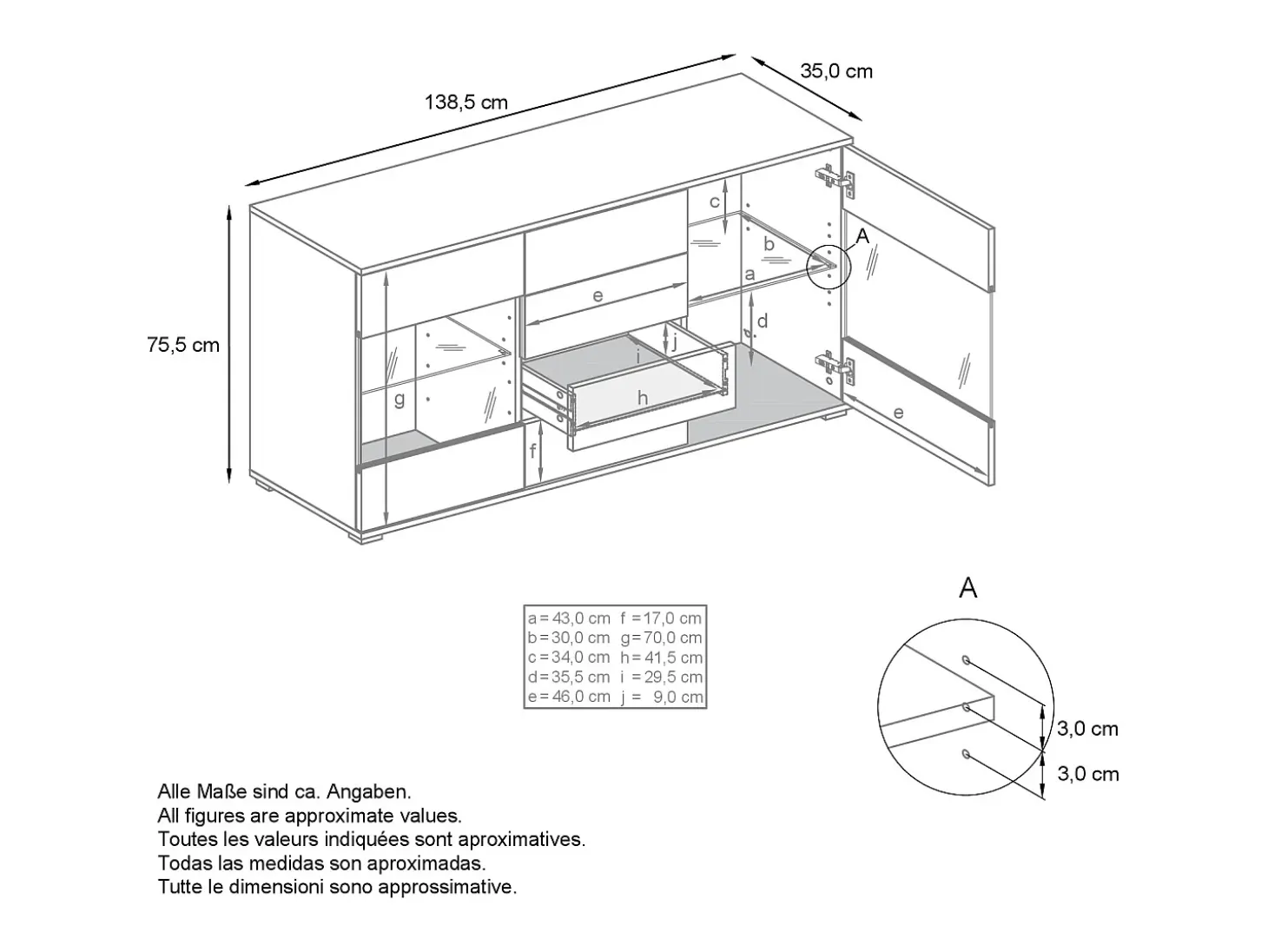 Aparador Bari V1 – Mueble con 2 Puertas Grandes y 4 Cajones, blanco mate/negro de alto brillo (138,5 x 75,5 x 35)