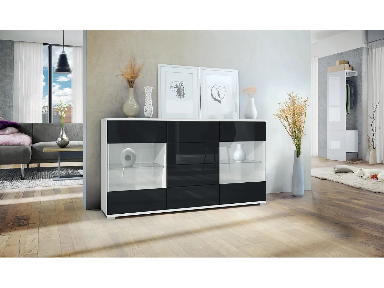 Aparador Bari V1 – Mueble con 2 Puertas Grandes y 4 Cajones, blanco mate/negro de alto brillo (138,5 x 75,5 x 35)