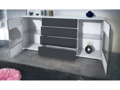 Aparador Bari V2 – Mueble con 2 Puertas Grandes y 4 Cajones, blanco mate/roble natural (166,5 x 75,5 x 35)