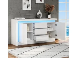 Aparador blanco brillante con 3 cajones - Aparador de 2 puertas con iluminación LED - estantes ajustables