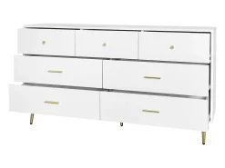 Aparador blanco con 7 cajones, tiradores y patas dorados, 140x35x76 cm - Para cocina y salón
