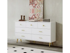 Aparador blanco con 7 cajones, tiradores y patas dorados, 140 x 35 x 76 cm. Aparador de comedor.