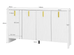 Aparador blanco con 4 puertas a rayas y separadores ajustables, tiradores dorados
