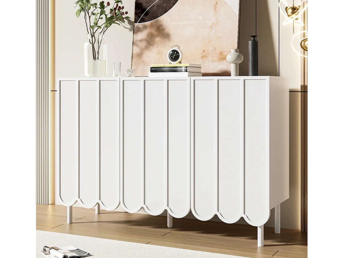 Aparador blanco con 3 puertas a rayas y estantes ajustables - para salón y comedor