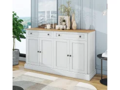 Aparador blanco con 4 puertas y 2 cajones, estantes regulables, tablero efecto madera - para salón o cocina