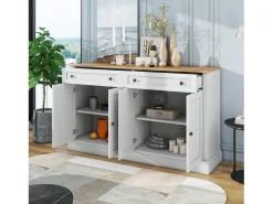 Aparador blanco con 4 puertas y 2 cajones, estantes regulables, tablero efecto madera - para salón o cocina