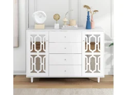 Aparador blanco con puertas de espejo y tiradores de cristal, 4 puertas, MDF (147,5x40x102 cm)