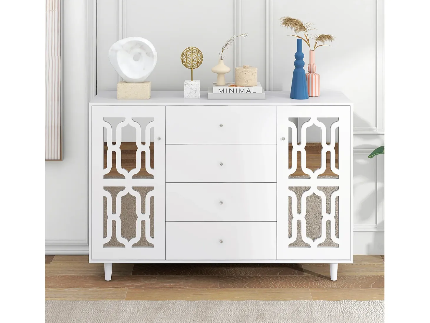 Aparador blanco con puertas de espejo y tiradores de cristal, 4 puertas, MDF (147,5x40x102 cm)