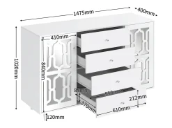 Aparador blanco con puertas de espejo y tiradores de cristal, 4 puertas, MDF (147,5x40x102 cm)