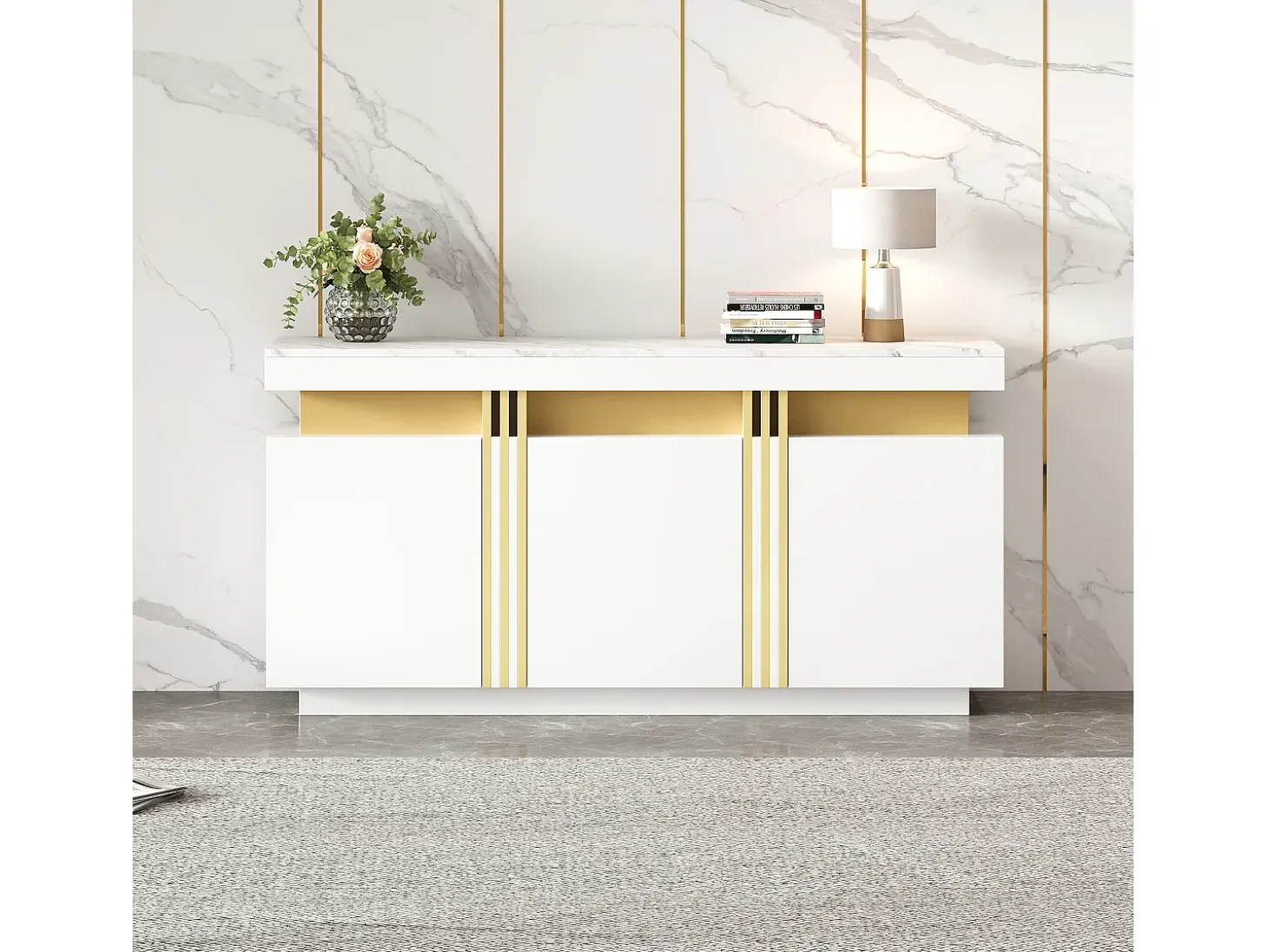 Aparador blanco de 3 puertas - Aparador con costuras platino y divisores ajustables - diseño sin tiradores