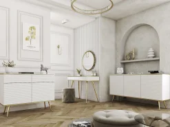 Aparador blanco glamuroso con patas doradas, 160 x 85 x 39